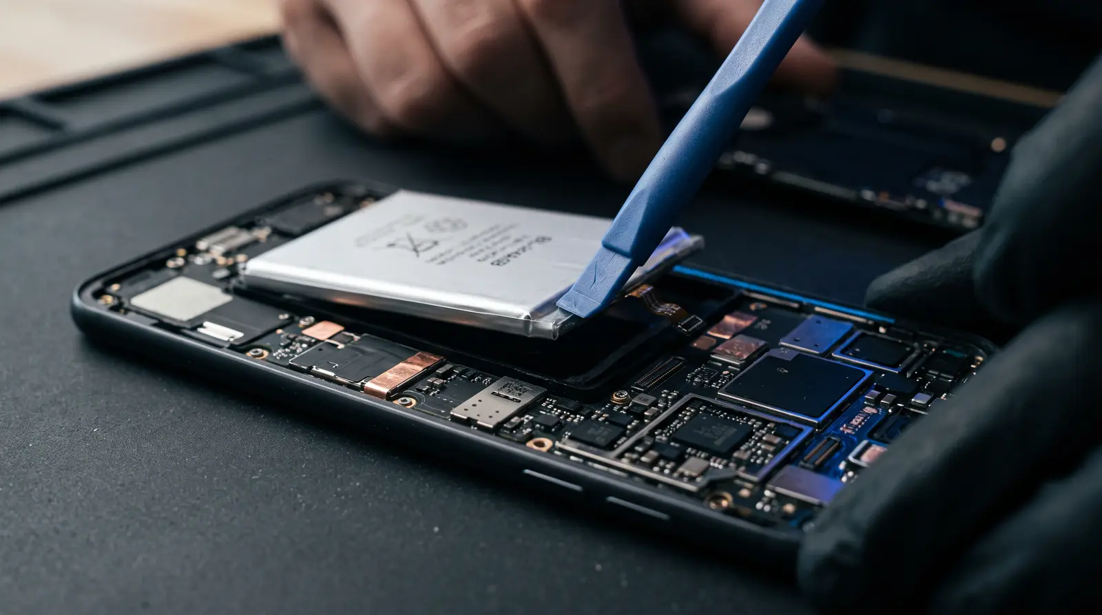 Battery extraction — Adhesive released properly so the cell comes out flat — never levered against its own body.