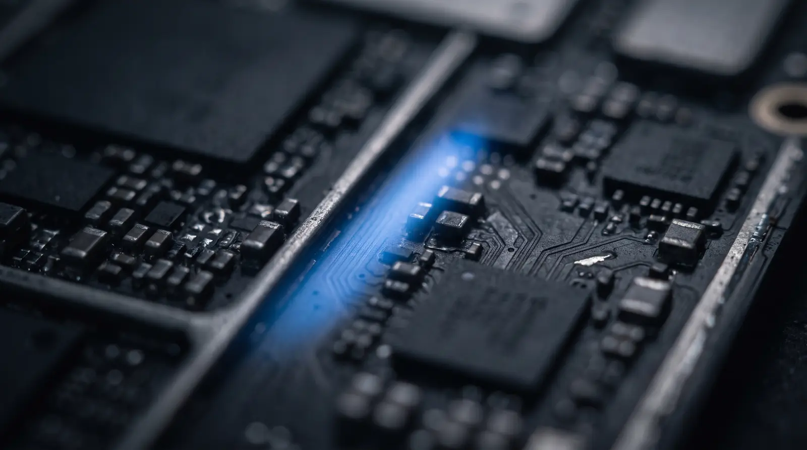 Board-level work — Under magnification, most "dead" boards are one failed component, not a lost cause.