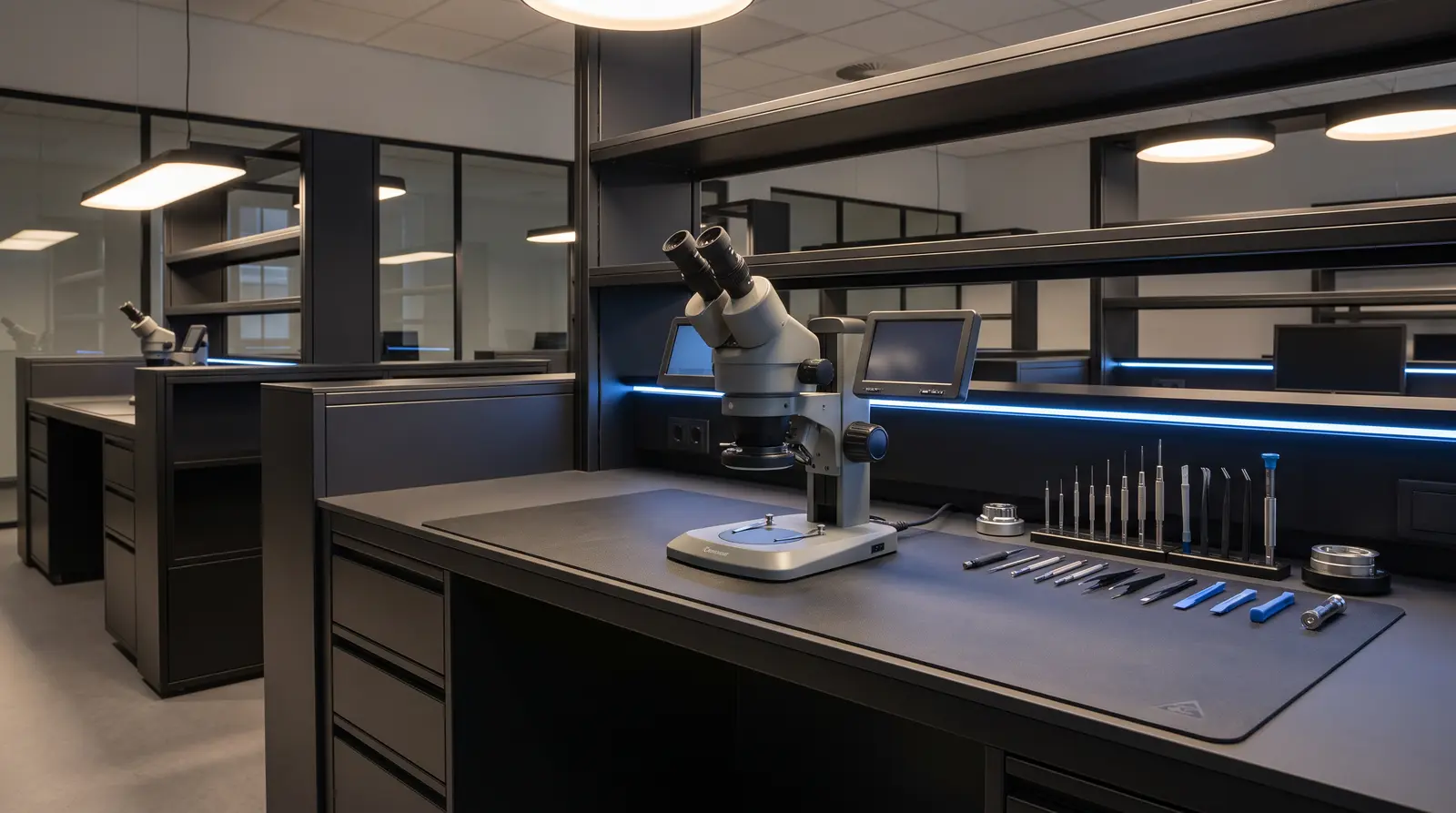 Precision diagnostic workstation with microscope and tools in the repair lab