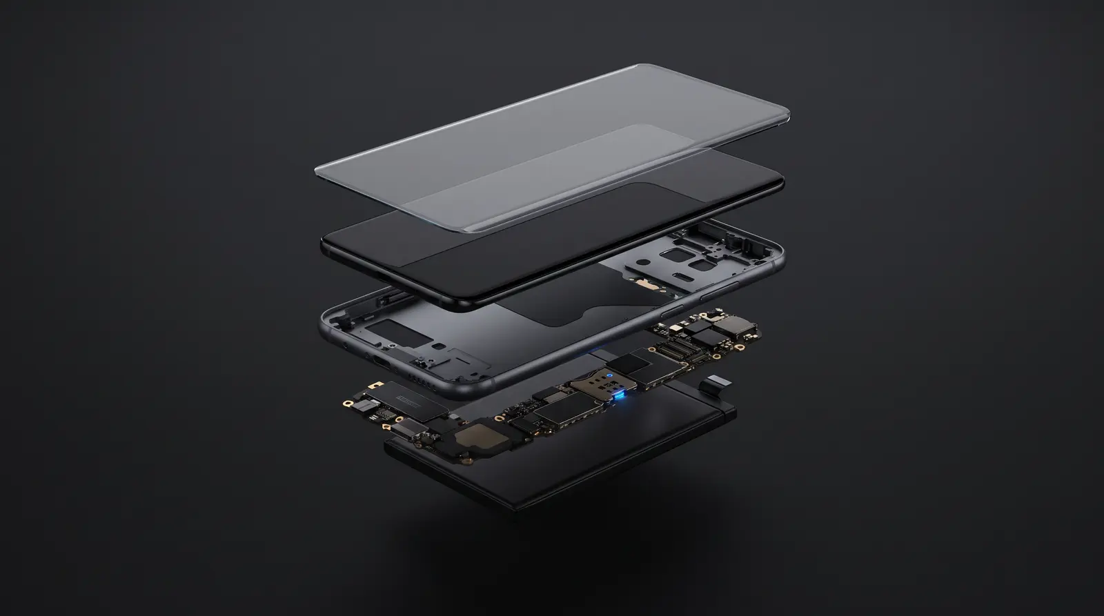 Exploded view of a smartphone showing glass, display, frame, logic board and battery layers