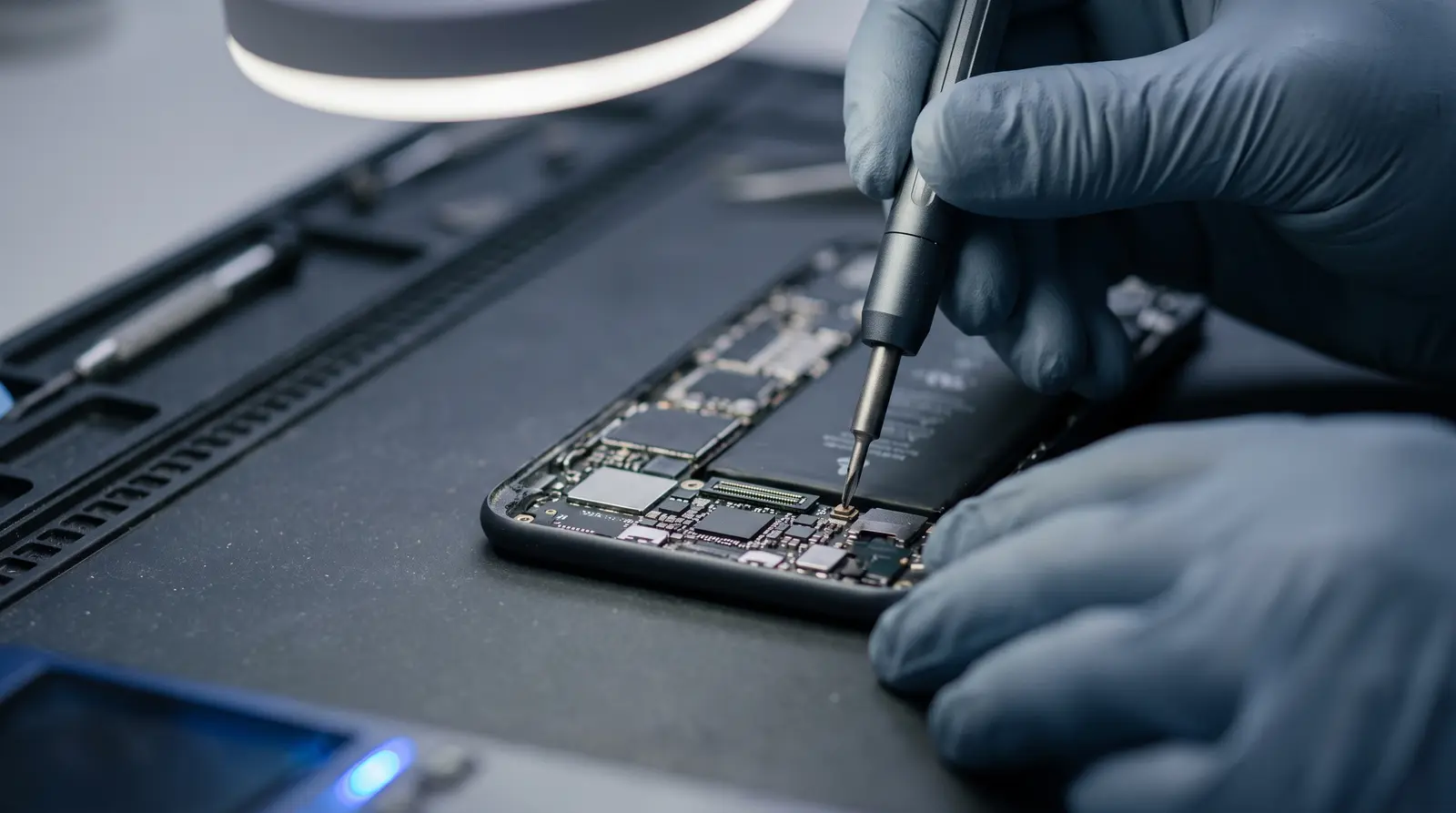 Technician repairing an open smartphone with precision tools on an ESD-safe mat