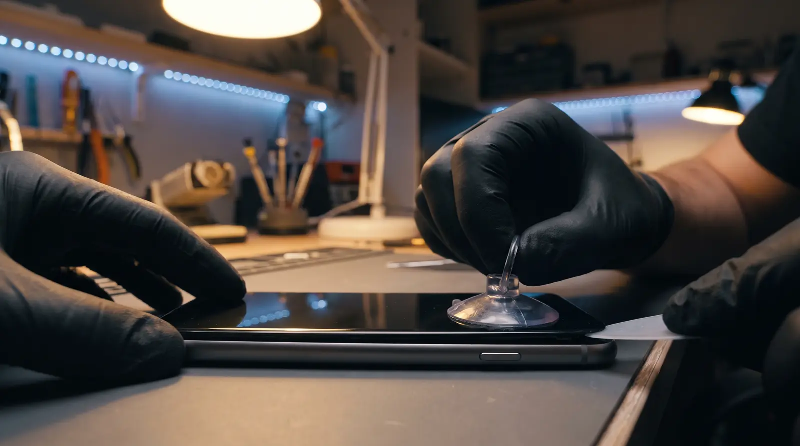 OLED display panel being carefully separated from a smartphone frame with a suction tool