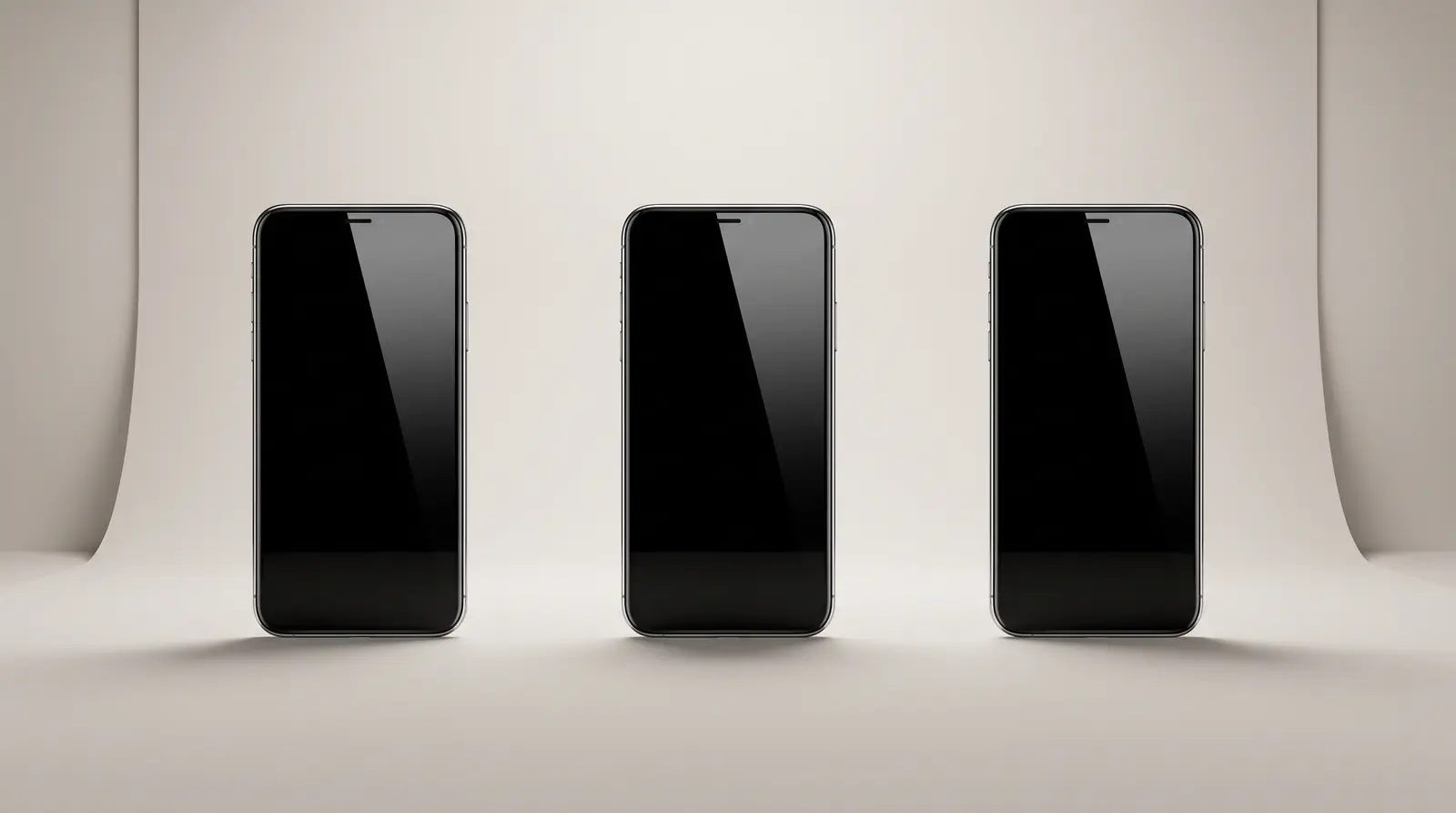 Certified pre-owned smartphones displayed on a light grey studio surface