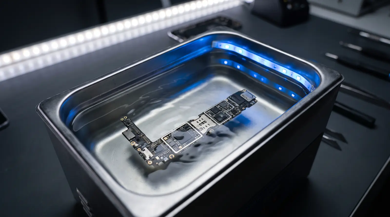 Ultrasonic cleaning — A liquid-damaged board in the ultrasonic bath — the treatment rice can never be.
